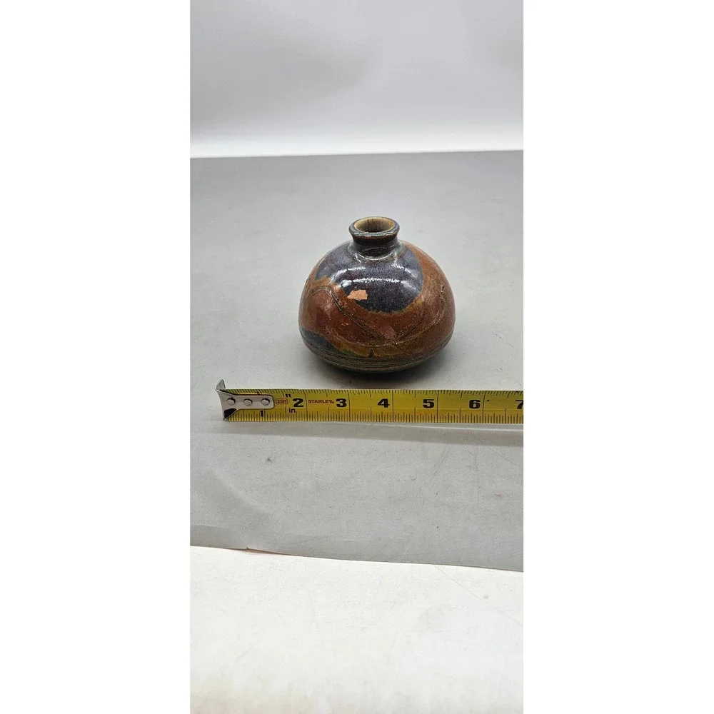 Studio Pottery Bud Vase Signed Artisan Earth Tone Glaze Brown Blue Small 3.5in